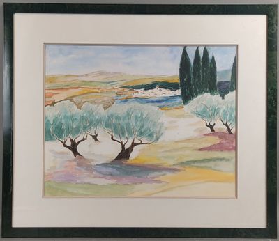 une peinture à l'huile représentant un paysage avec des arbres et un plan d'eau