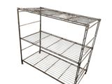 a metal shelf with two shelves on top of it