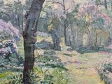 an oil painting of a path in a park with trees and flowers