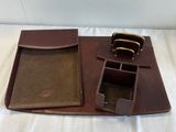 brown leather desk set with pen, pencil, and paper holder