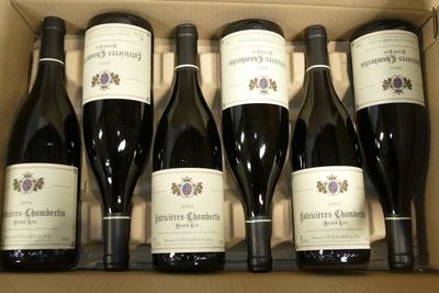 six bouteilles de vin sont posées sur une table dans un carton