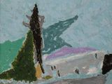 une peinture à l'huile représentant une personne sur un bateau au milieu de l'eau