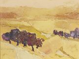 painting of a herd of bison walking across a dry grass covered field