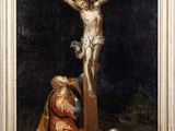 a painting of jesus on the cross with a woman kneeling next to him
