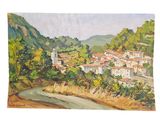un tableau représentant un village situé sur une colline, avec une rivière au premier plan