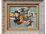 an oil painting of boats in a harbor with buildings in the background