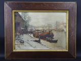 tableau représentant un bateau amarré dans un port, avec de la neige au sol