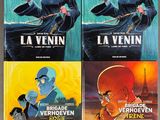 four books in a series of four different covers of a woman with a gun