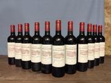 six bottles of red wine are lined up on a wooden table