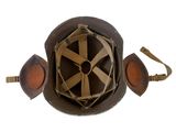 an overhead view of a military helmet with a visor on a white background