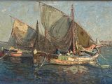 a painting of two boats in a body of water
