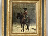 an oil painting of a man on a horse in the snow