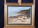 une peinture à l'huile représentant une scène de plage avec des rochers et de l'eau