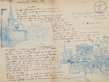 an open notebook with a drawing of a church on it