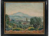 une peinture à l'huile d'un paysage avec une montagne en arrière-plan