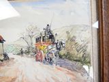 une peinture représentant une calèche tirée par des chevaux sur un chemin de terre