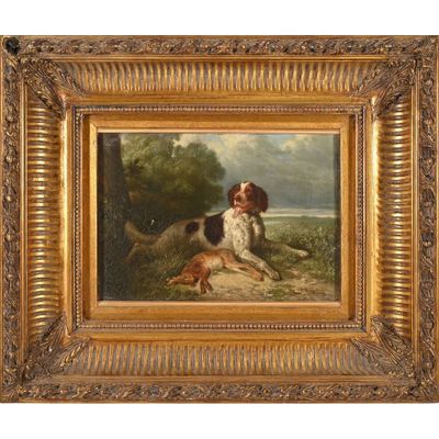 a painting of a dog and a girl with a dog in a landscape