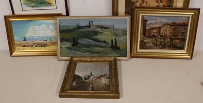 three framed pictures of a landscape and a painting of a castle