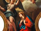 an image of a painting of a woman kneeling down with angels