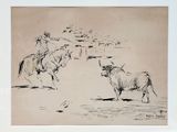 a drawing of a man riding a horse next to a cow