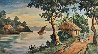 Ecole vietnamienne La porteuse en bord de rivière.