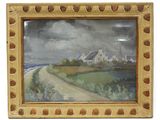 une peinture à l'huile représentant une route menant à une maison située sur une colline