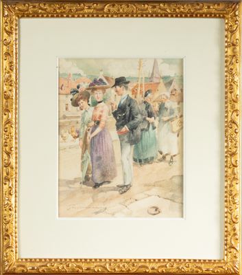 peinture d'un groupe de personnes devant un bâtiment