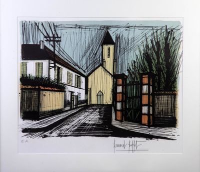 dessin représentant une scène de rue avec une église en arrière-plan