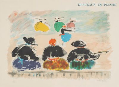 tableau représentant un groupe de personnes assises sur un banc, avec des parapluies