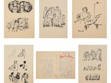 six dessins différents représentant des personnes assises à une table et un homme assis à une table