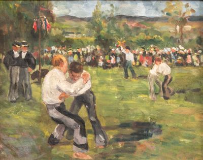 a painting of two men playing a game of baseball