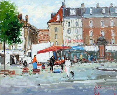 a painting of a street scene with people walking around