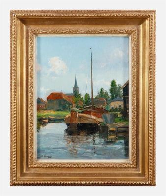 tableau représentant un bateau sur un plan d'eau, avec une église en arrière-plan