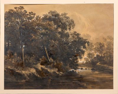 Edouard HUBERTI (1818-1880) Paysage à la rivière Fusain, enc…