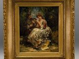 an image of a painting of a woman in a dress sitting on a rock