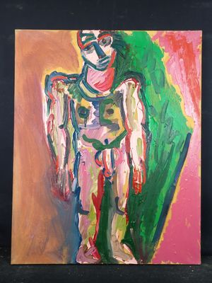 tableau représentant un homme avec un parapluie vert sur fond noir
