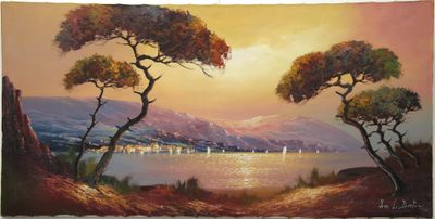 painting of a sunset over a lake with trees in the foreground