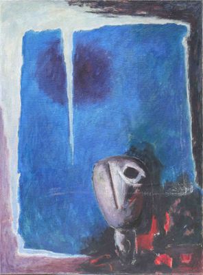 an image of a painting of a vase on a table in front of a window
