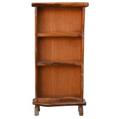 an image of a wooden bookcase with three shelves on one side and a shelf on the other