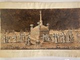 dessin représentant un groupe de personnes rassemblées autour d'un monument dans un champ