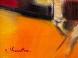 a painting of a knife and a bottle of wine on a table