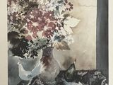 une aquarelle représentant un vase de fleurs posé sur une table