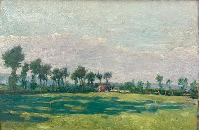 une peinture à l'huile représentant un champ avec des arbres et une maison au loin