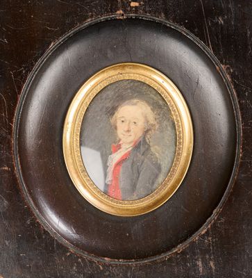 tableau représentant un homme vêtu d'un manteau noir et d'une cravate rouge