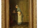 une peinture à l'huile représentant une femme en tablier en train de nettoyer une table