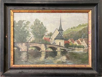 une peinture à l'huile représentant un pont enjambant une rivière, avec une église en arrière-plan