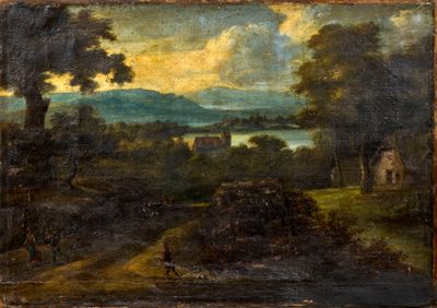 une peinture à l'huile représentant un paysage avec une rivière et un château au loin