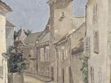 tableau représentant une scène de rue avec une tour horloge au loin