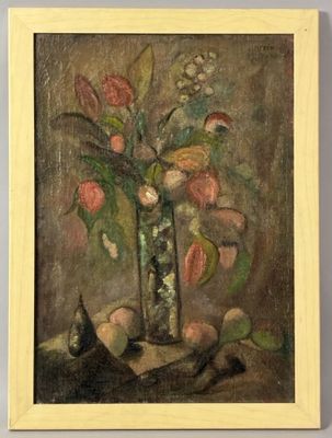 painting of a still life of flowers in a glass vase on a table