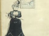 drawing of a woman in a black dress and hat with a knife in her hand